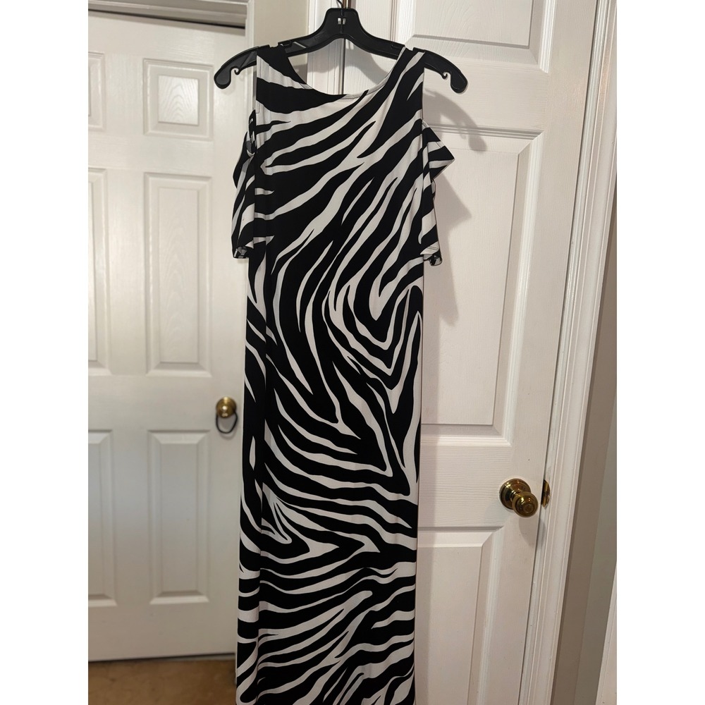 Chicos Maxi Dress Cold Shoulder Zebra Print Black White Flowy Midi 0‎ - Picture 6 of 8